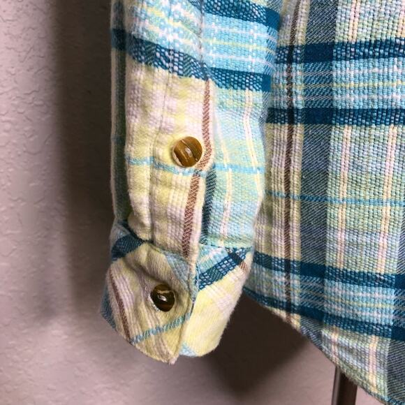 Soft Surroundings white blue yellow plaid flannel button down top size Small - Picture 14 of 15